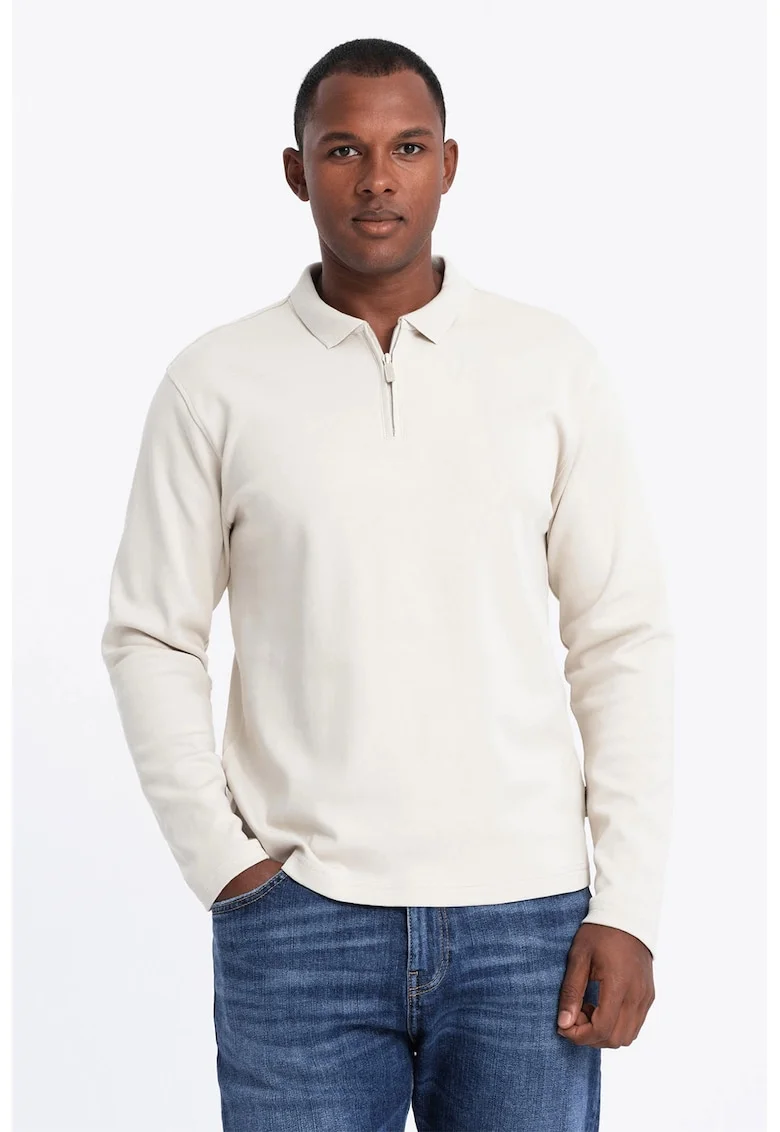 Bluza polo cu fenta cu fermoar, Alb fildes