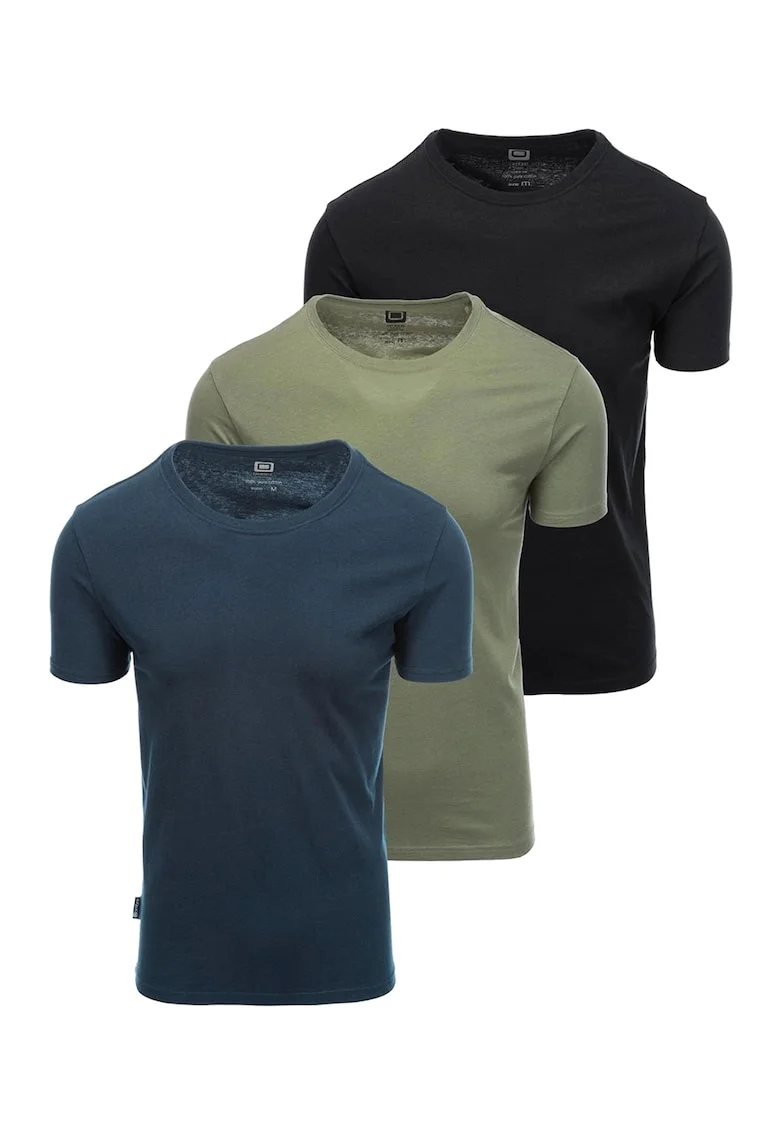 Set de tricouri uni de bumbac cu decolteu la baza gatului - 3 piese, Negru/Albastru inchis/Verde sparanghel