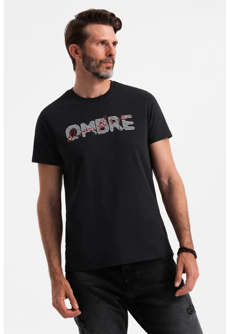 Tricou de bumbac cu decolteu la baza gatului, Alb/Negru