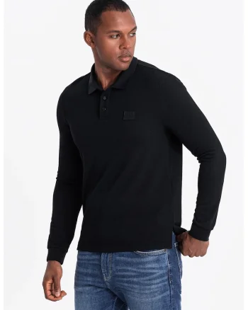 Bluza polo cu fenta cu fermoar, Negru