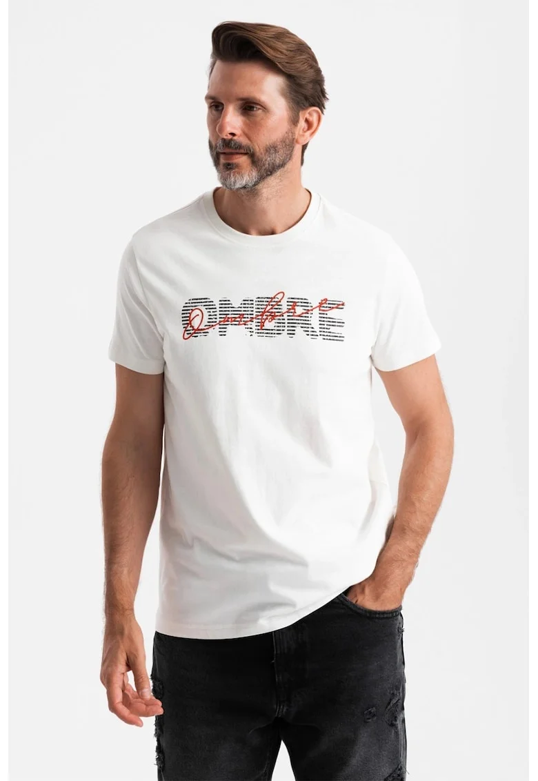 Tricou de bumbac cu decolteu la baza gatului, Alb/Bleumarin