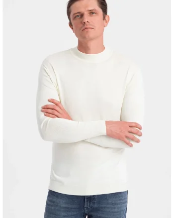 Pulover slim fit cu terminatii striate, Alb fildes