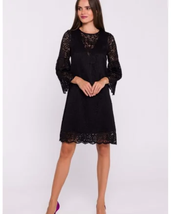 Rochie dantelata in doua straturi, tip trapez, Negru