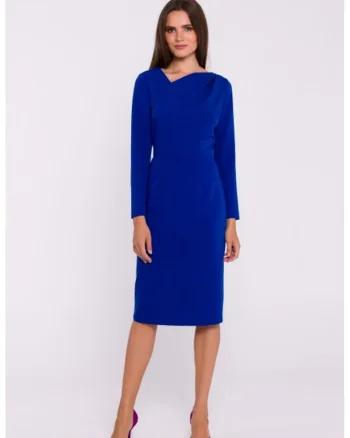 Rochie tip creion cu decolteu asimetric, Albastru royal