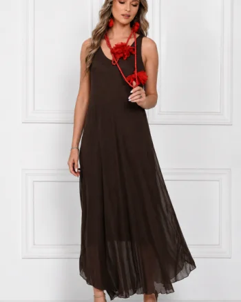 Rochie lunga din matase cu croi fluid si bretele fine, eleganta, maro inchis