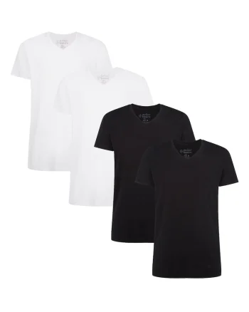 Set de tricouri cu decolteu in V Velo - 4 piese, Alb/Negru