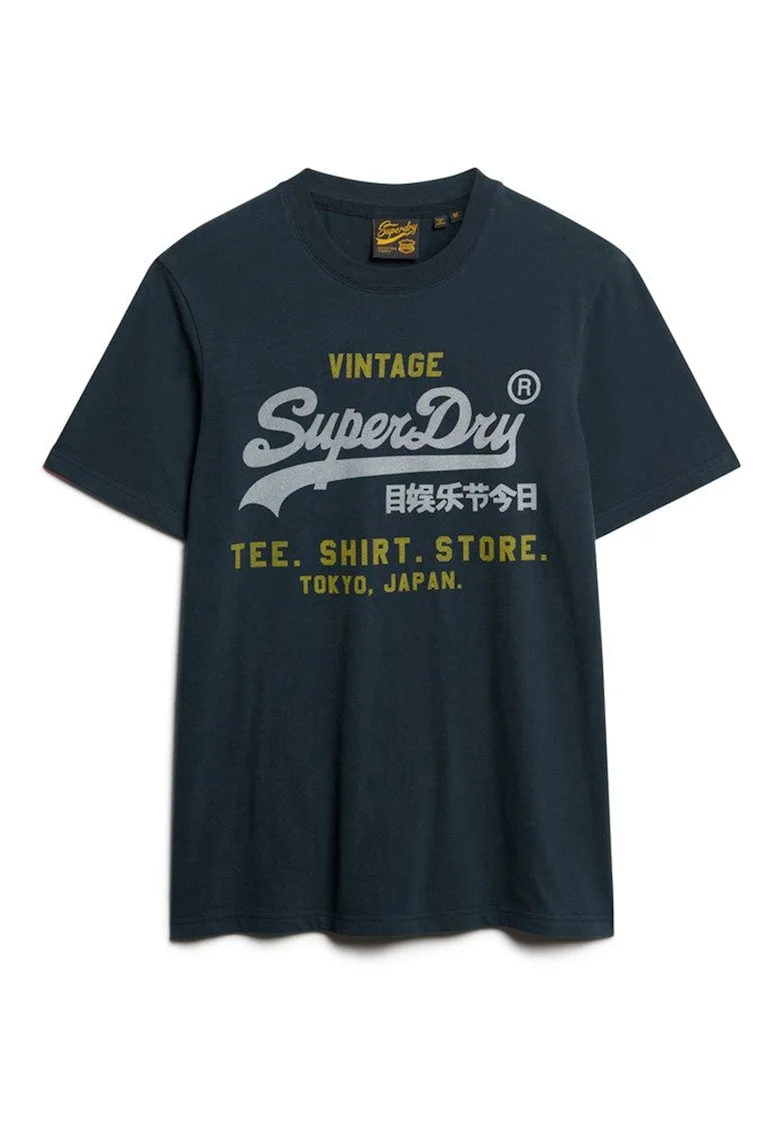 Tricou de bumbac cu decolteu la baza gatului si imprimeu text Heritage, Albastru inchis