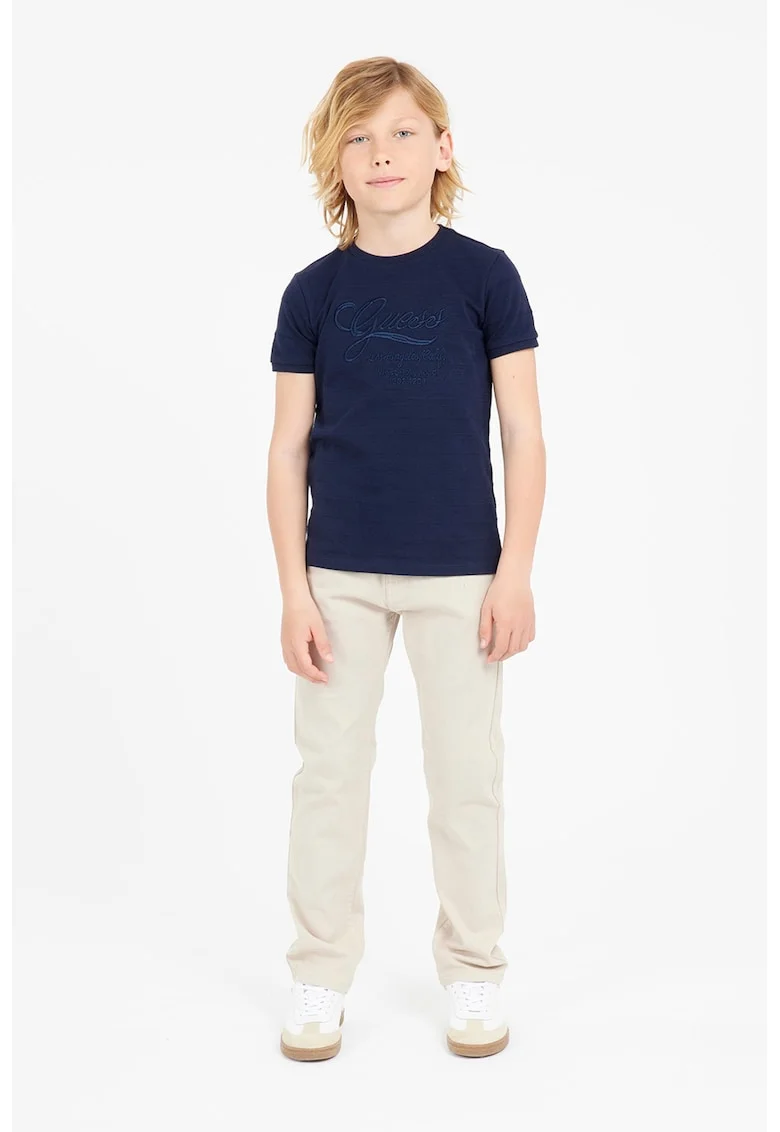Tricou cu decolteu la baza gatului si logo brodat, Albastru ultramarin