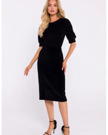 Rochie din velur cu maneci scurte, Negru