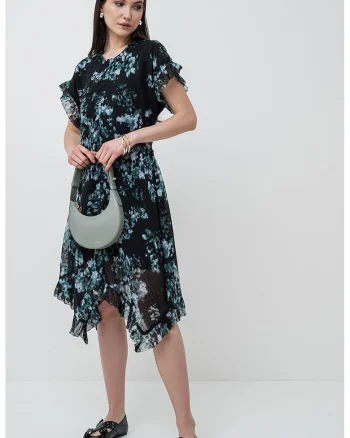 Rochie asimetrica cu maneci scurte, Verde/Negru stins/Alb murdar