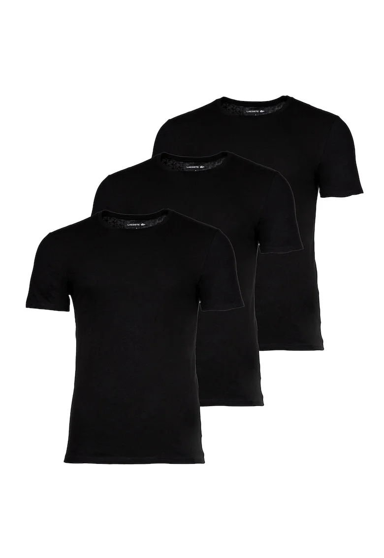 Set de tricouri slim fit din bumbac cu decolteu la baza gatului - 3 piese, Negru