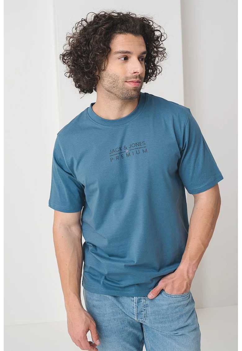 Tricou cu decolteu la baza gatului si imprimeu logo Blu Atlas, Albastru prafuit