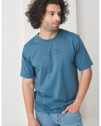 Tricou cu decolteu la baza gatului si imprimeu logo Blu Atlas, Albastru prafuit