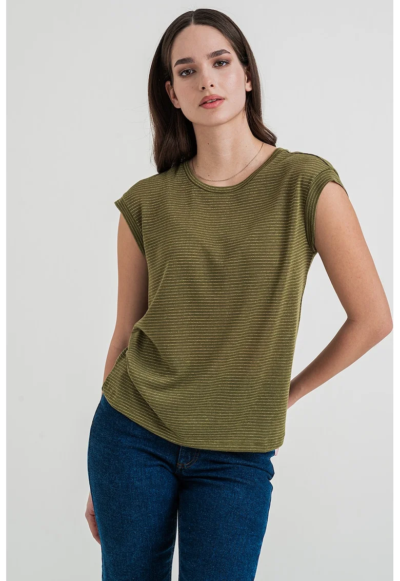 Tricou din amestec de in cu model in dungi, Auriu/Verde masliniu