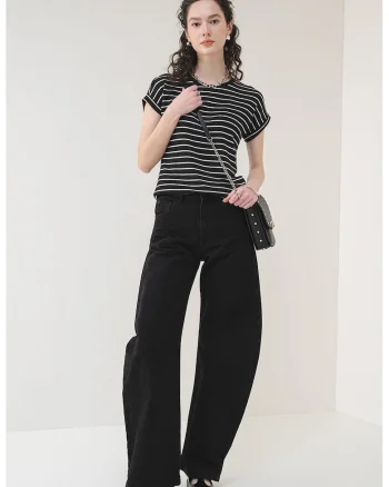 Tricou cu decolteu la baza gatului Brianna, Alb/Negru stins