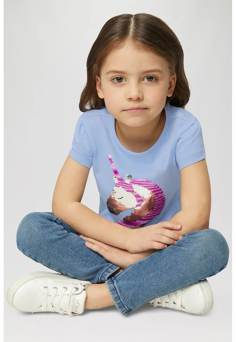 Tricou cu decolteu rotund si paiete, Albastru pastel/Roz deschis