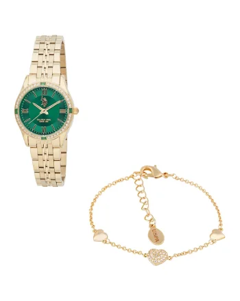 Set de ceas si bratara cu cristale, Auriu/Verde forest