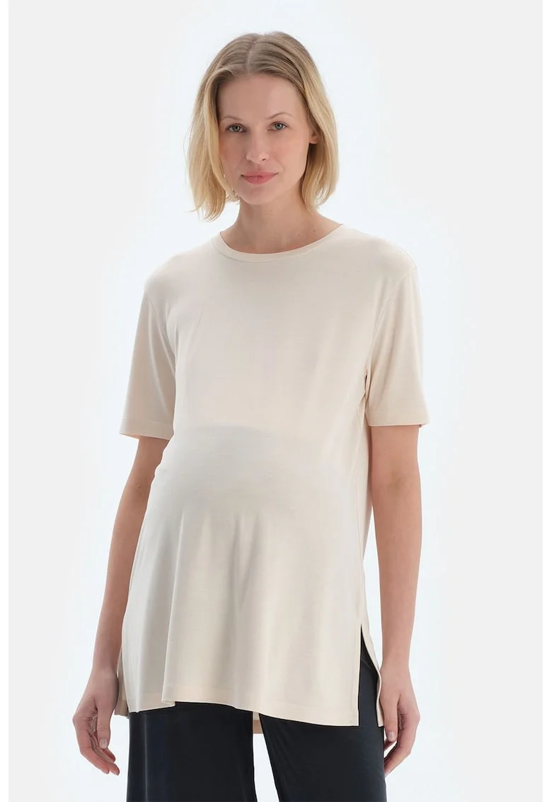 Tricou din amestec de modal cu slituri laterale, Alb fildes