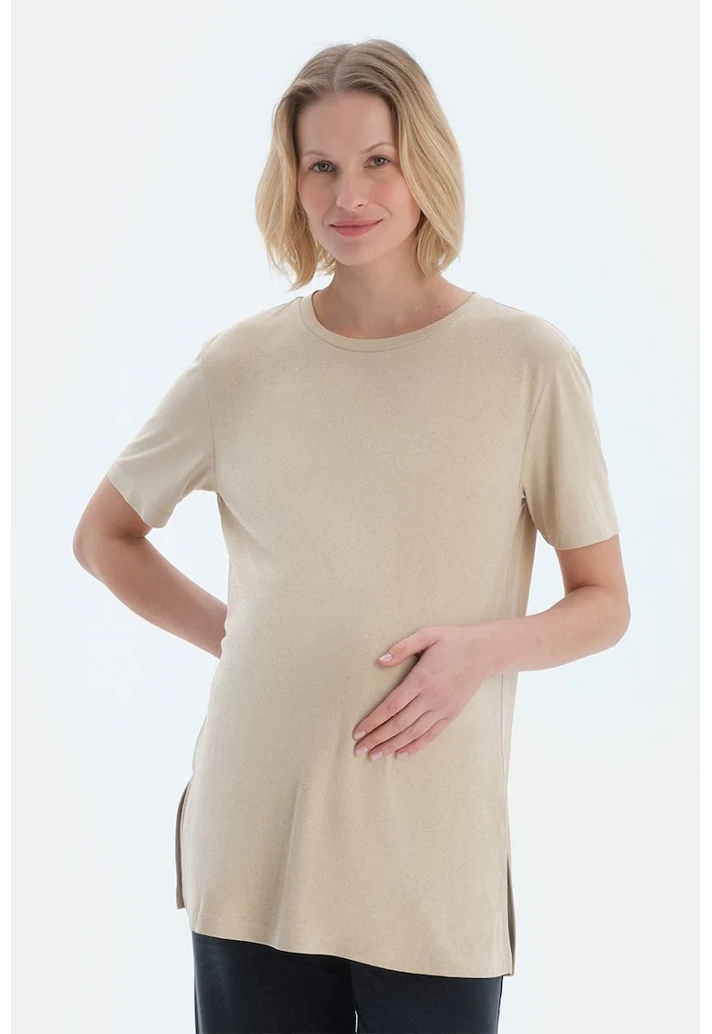 Tricou din amestec de modal cu slituri laterale, Maro nisip