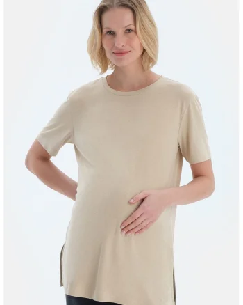 Tricou din amestec de modal cu slituri laterale, Maro nisip