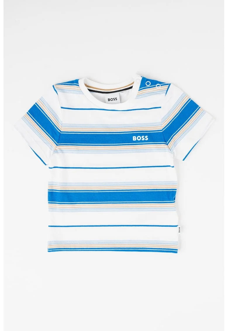 Tricou cu model in dungi si detaliu logo, Alb/Bleumarin