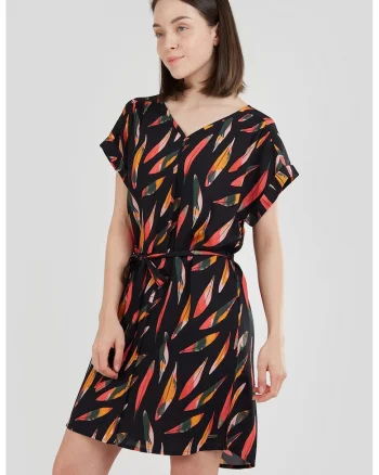 Rochie lejera cu decolteu in V si model Palmetta, Negru/Portocaliu/Verde feriga