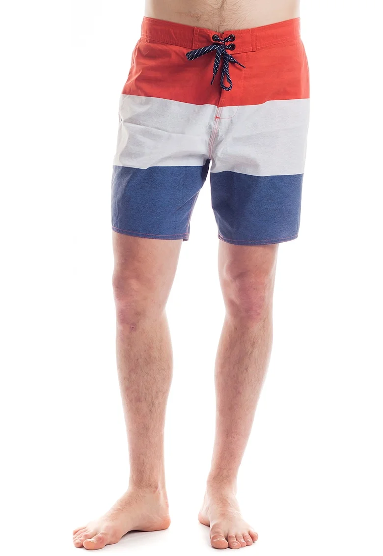 Pantaloni scurti de baie cu design colorblock Lano, Rosu/Alb/Albastru