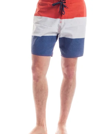 Pantaloni scurti de baie cu design colorblock Lano, Rosu/Alb/Albastru