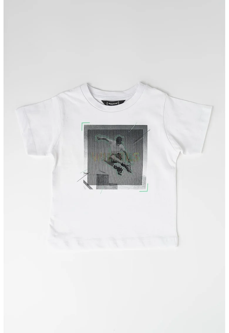 Tricou de bumbac cu decolteu la baza gatului, Alb/Negru