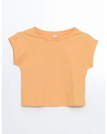 Tricou cu decolteu rotund si maneci rulate, Portocaliu deschis