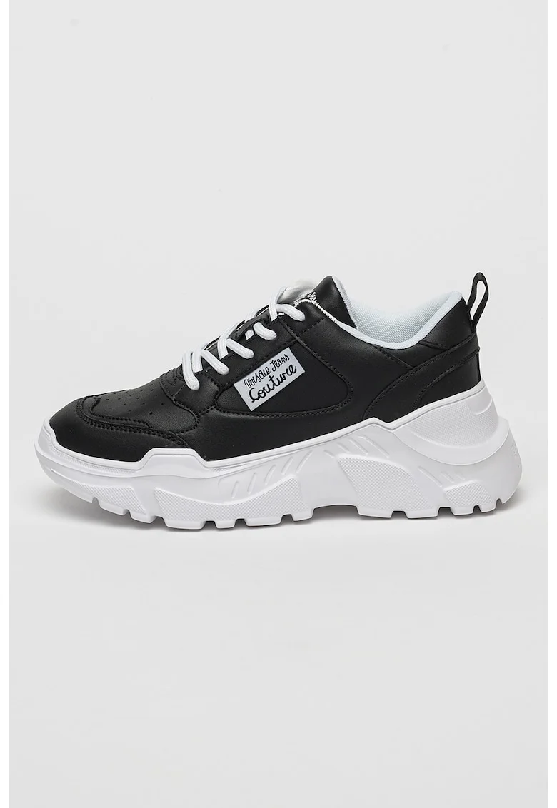 Pantofi sport din piele cu talpa wedge si garnituri din piele ecologica, Negru