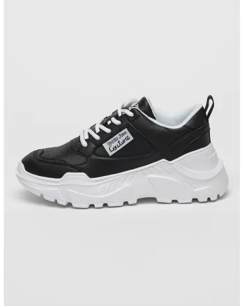 Pantofi sport din piele cu talpa wedge si garnituri din piele ecologica, Negru