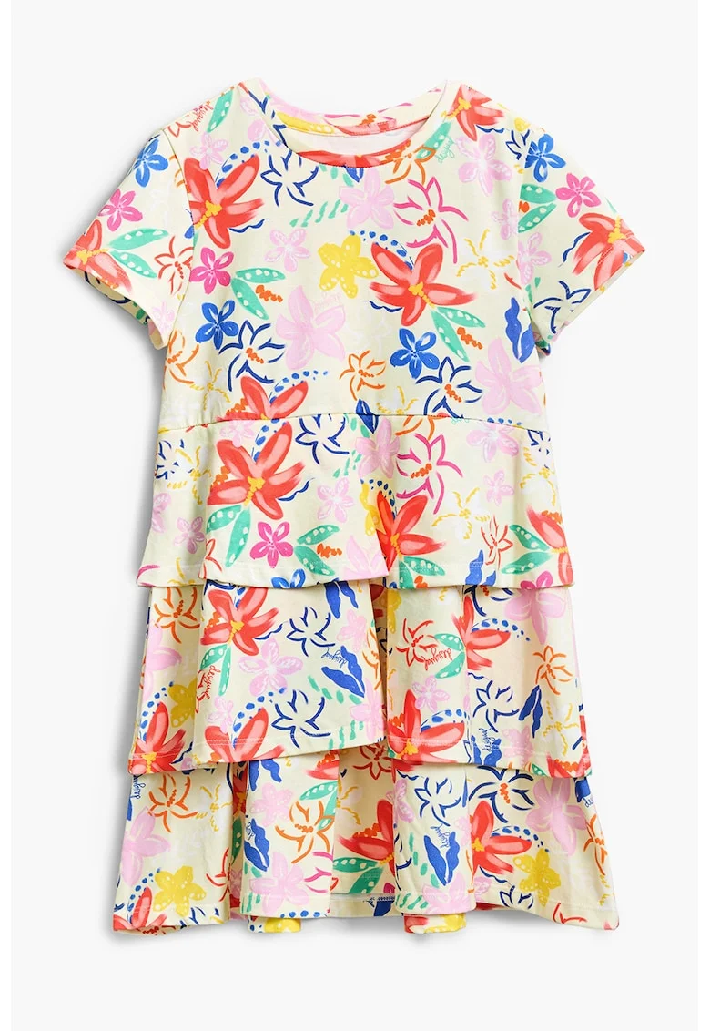 Rochie cu model floral si volane, Coral/Roz pastel/Bej deschis