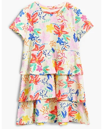 Rochie cu model floral si volane, Coral/Roz pastel/Bej deschis