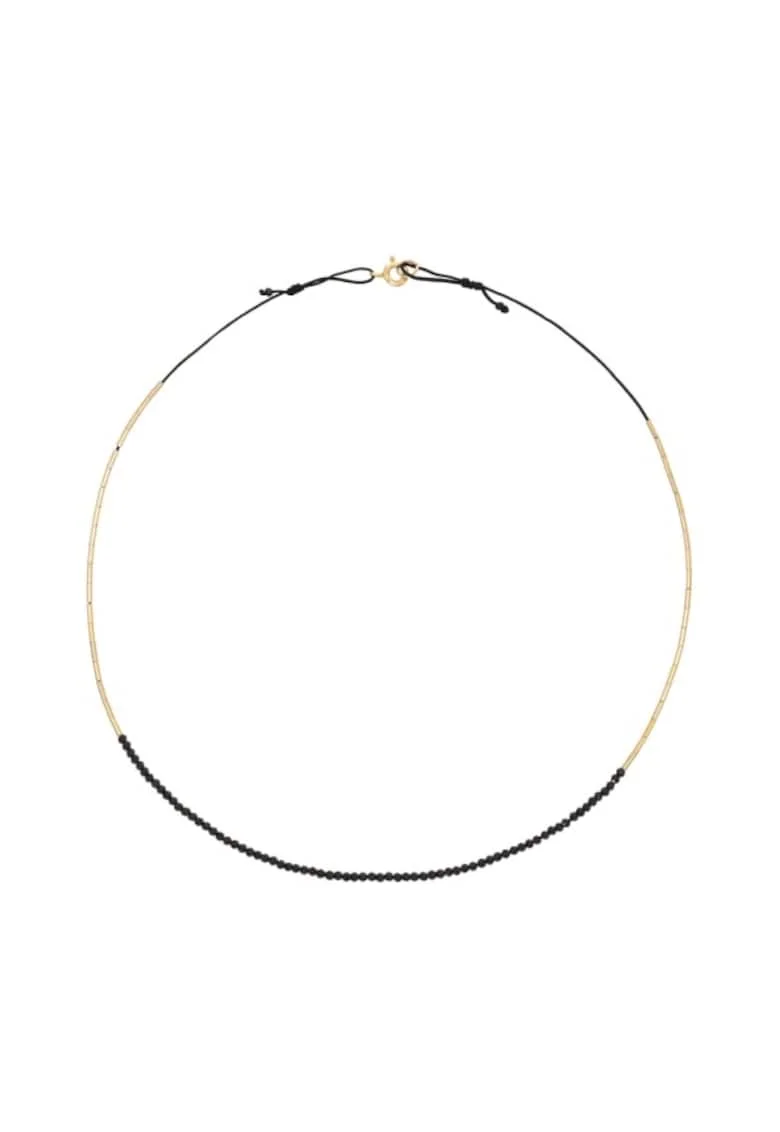 Colier  Caviar Black, la baza gatului, reglabil, cu spinel negru fatetat si elemente de aur filat de 14k/20