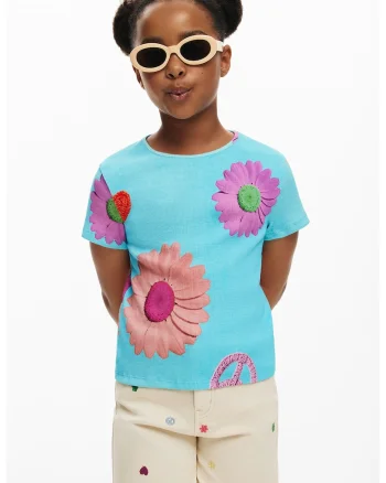 Tricou cu design floral, Albastru pastel/Lila/Verde deschis