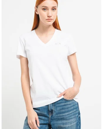 Tricou de bumbac cu decolteu in V, Alb optic