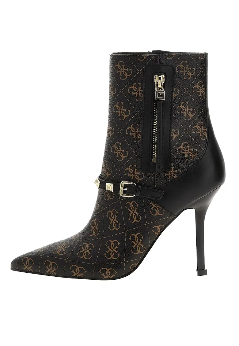 Botine dama  cu varf ascutit si monograma FL8AY3, Maro inchis/Negru