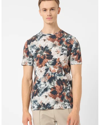 Tricou cu imprimeu abstract si decolteu la baza gatului, Multicolor