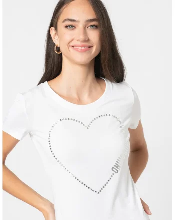 Tricou cu decolteu la baza gatului si aplicatie cu strasuri, Alb optic/Argintiu