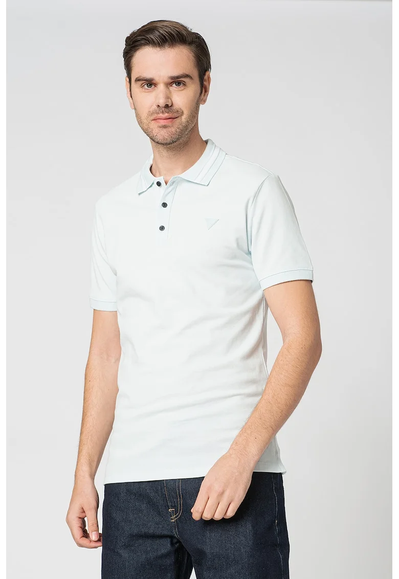 Tricou polo slim fit din pique cu logo triunghiular, Albastru pal
