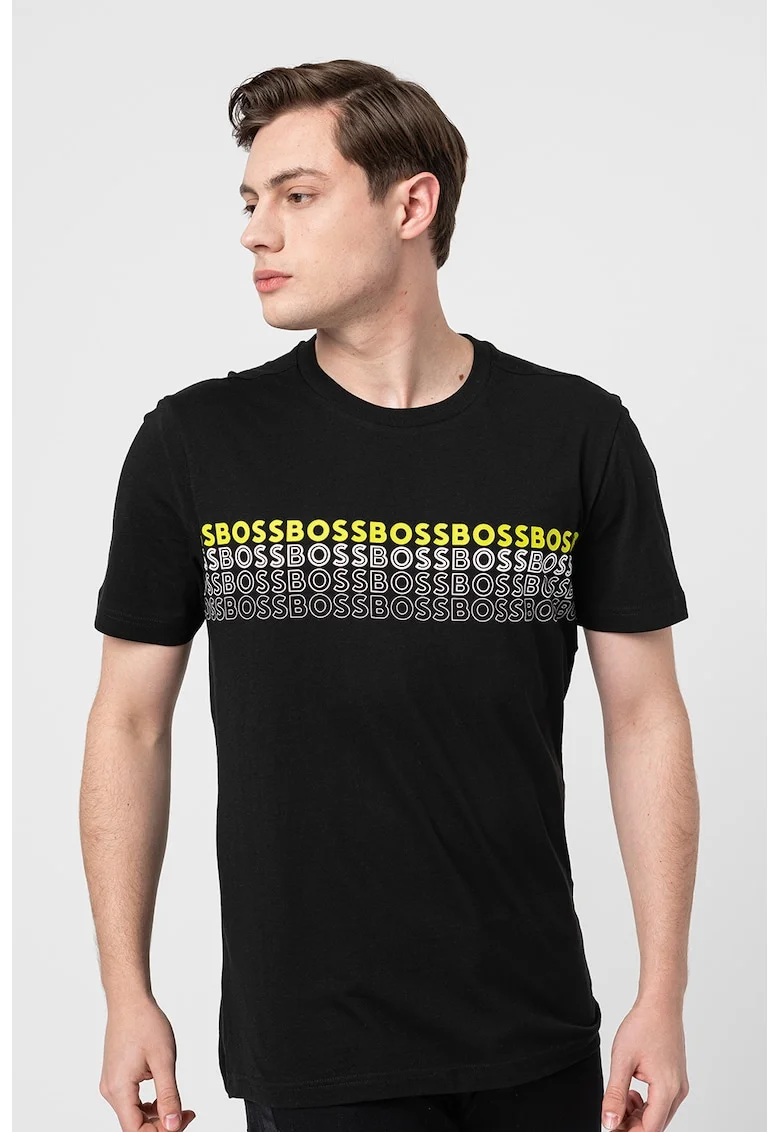 Tricou cu decolteu la baza gatului si imprimeu logo, Negru
