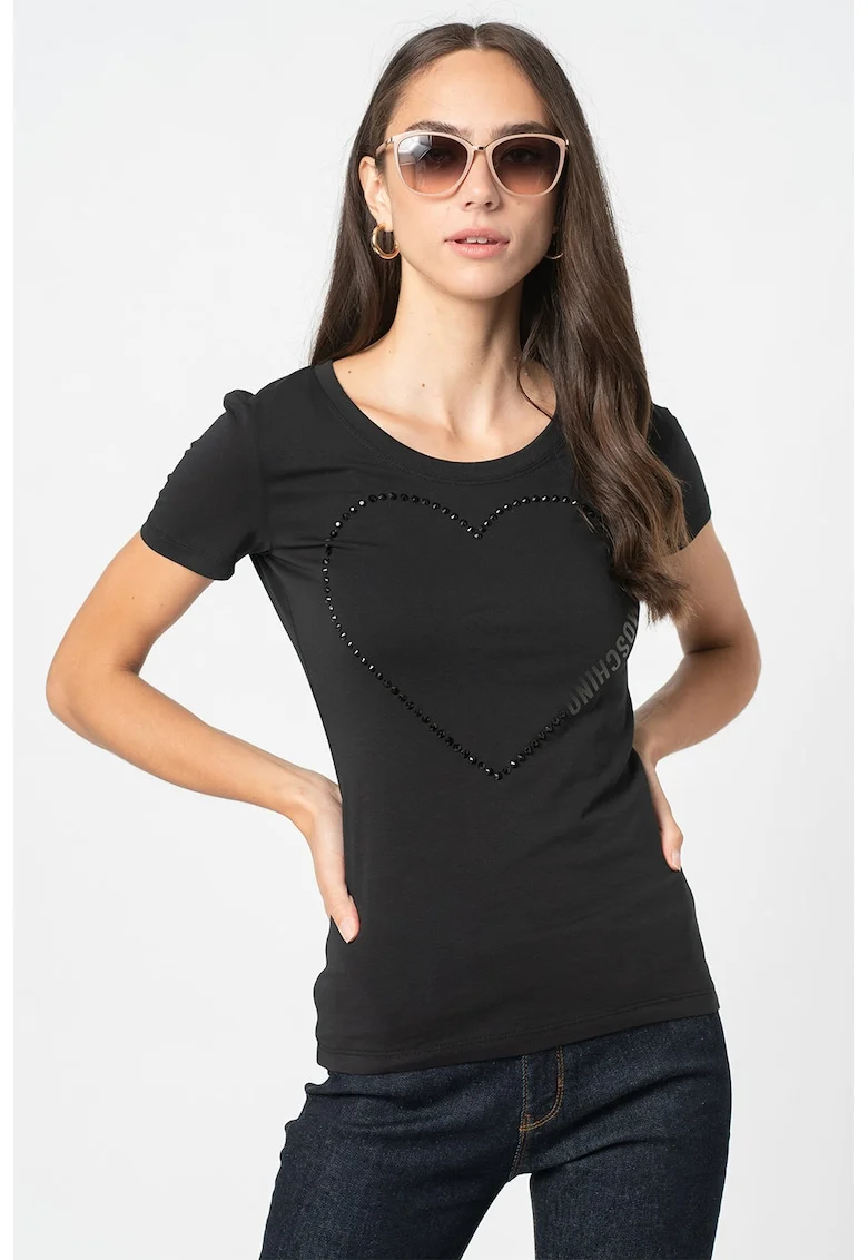 Tricou cu decolteu la baza gatului si aplicatie cu strasuri, Negru