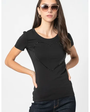 Tricou cu decolteu la baza gatului si aplicatie cu strasuri, Negru
