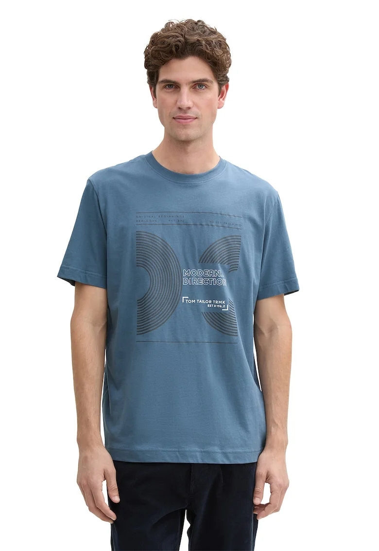 Tricou de bumbac cu imprimeu pe piept, Albastru prafuit