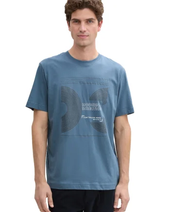 Tricou de bumbac cu imprimeu pe piept, Albastru prafuit