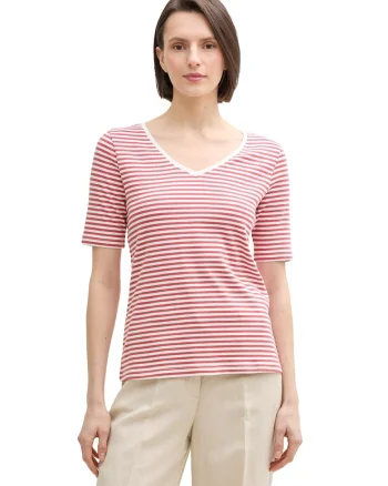 Tricou cu decolteu in V si model in dungi, Rosu/Alb