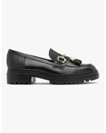 Pantofi loafer din piele intoarsa cu detaliu metalic, Negru