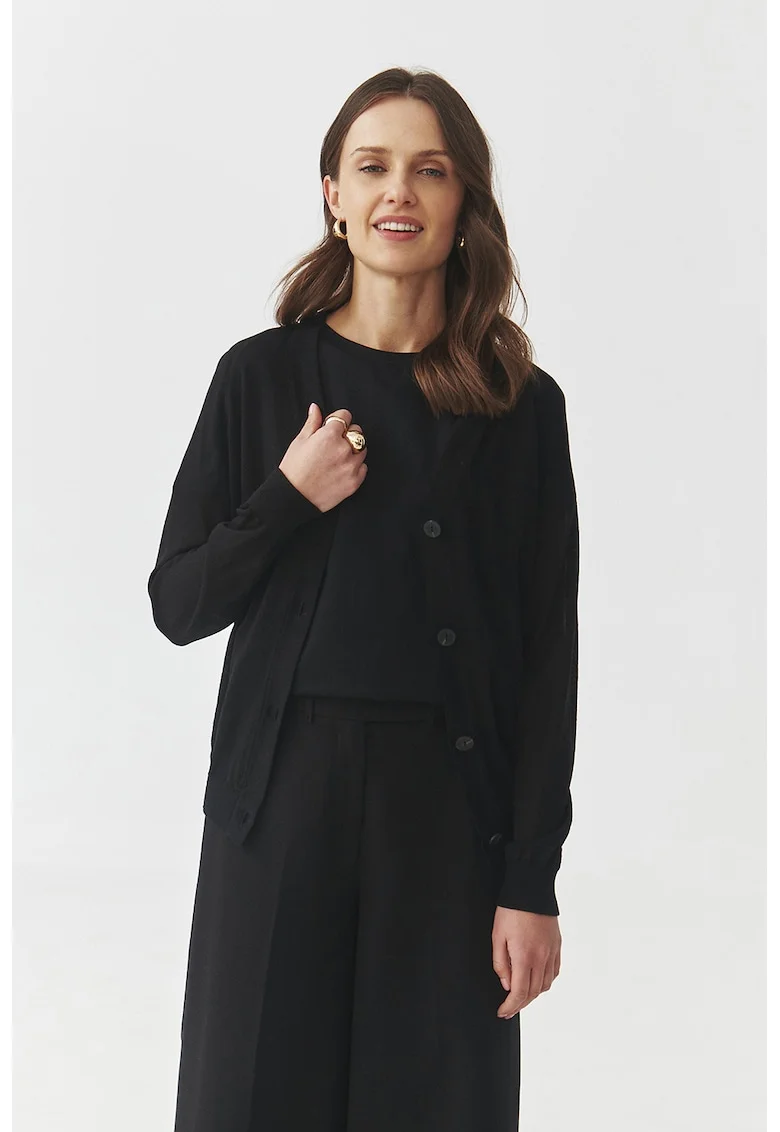 Cardigan tricotat fin cu decolteu in V, Negru
