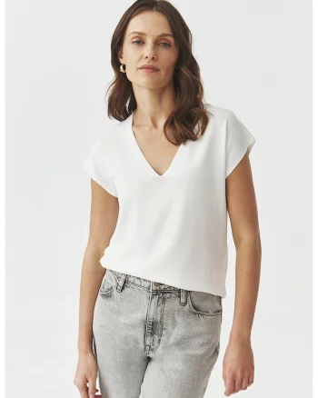 Tricou uni cu decolteu in V, Alb optic